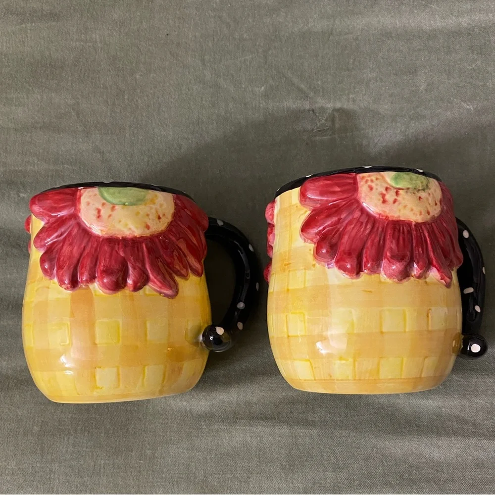 Pier 1 Imports mugs cup large checkered polka dot Sunflower lot of 3 UBM